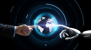 gráfico mano humana y mano robot tocando el mundo
